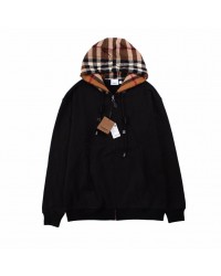 BURBERRY CHECK HOOD COTTON HOODIE BLACK