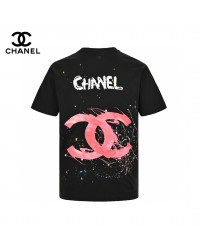 Chanel Pink Splash Logo Black T-Shirt