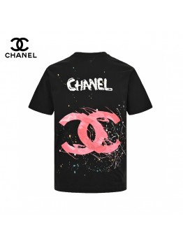 Chanel Pink Splash Logo Black T-Shirt