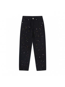 CHROME HEARTS PAINT DRIP YELLOW CROSS PATCH JEANS BLACK