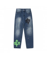 CHROME HEARTS GREEN CROSS PATCH JEANS DENIM