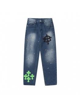 CHROME HEARTS GREEN CROSS PATCH JEANS DENIM