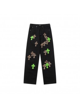 CHROME HEARTS JEANS BLACK GREEN LEOPARD