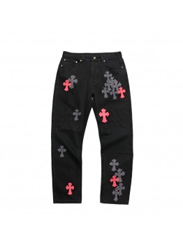 CHROME HEARTS PINK & CHECKERED CROSS PATCH FLEURKNEE JEANS BLACK