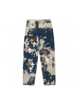 CHROME HEARTS TIE DYE WHITE ORANGE CROSS PATCH JEANS