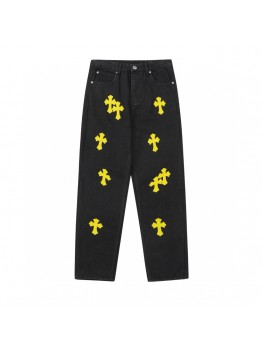 CHROME HEARTS YELLOW CROSS PATCH JEANS BLACK