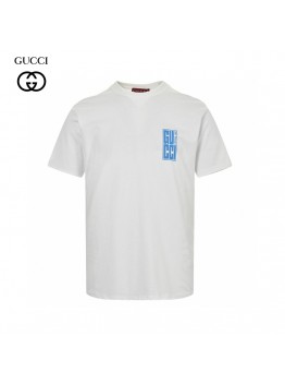 Gucci White T-Shirt with Blue Vertical Logo Patch