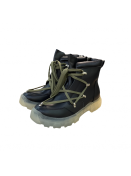 Rick Owens Combat Boots - Black Leather with Olive Laces and Translucent Sole