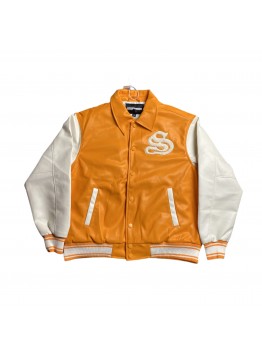 SP5DER LEATHER VARSITY JACKET ORANGE