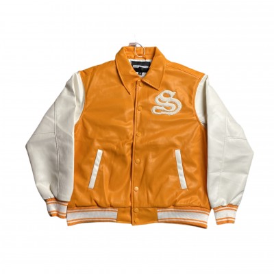 SP5DER LEATHER VARSITY JACKET ORANGE