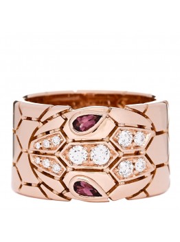 18K Rose Gold Diamond Rubellite Serpenti Seduttori Wide Ring 52 6