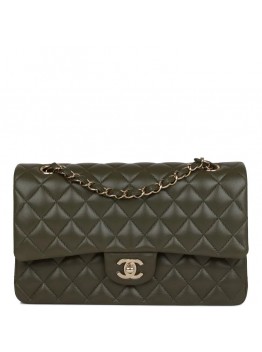 CC Medium Classic Double Flap Bag Olive Calfskin Light Gold Hardware