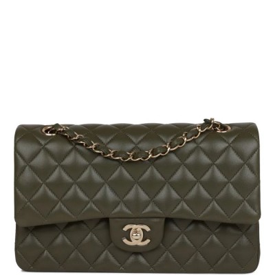CC Medium Classic Double Flap Bag Olive Calfskin Light Gold Hardware