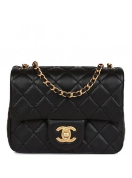 CC Pearl Crush Mini Square Flap Bag Black Lambskin Antique Gold Hardware
