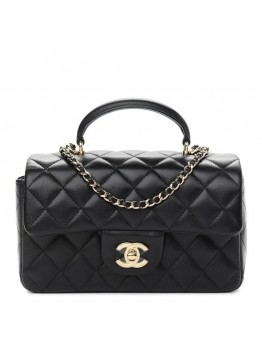 CC Lambskin Quilted Mini Top Handle Rectangular Flap in Black