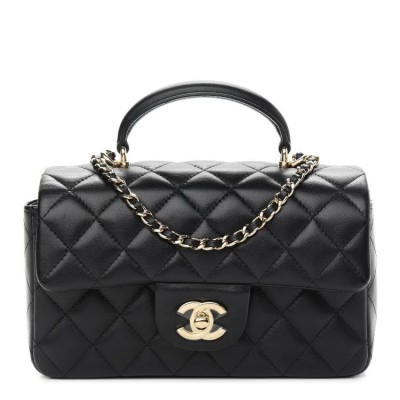 CC Lambskin Quilted Mini Top Handle Rectangular Flap in Black