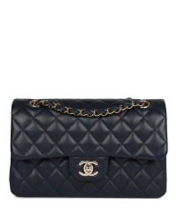 CC Small Classic Double Flap Navy Lambskin Light Gold Hardware