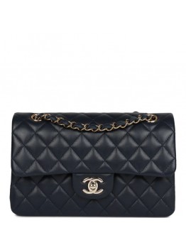 CC Small Classic Double Flap Navy Lambskin Light Gold Hardware