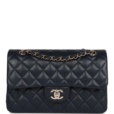 CC Small Classic Double Flap Navy Lambskin Light Gold Hardware