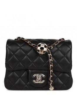 CC Pearl Crush Mini Square Flap Bag Black Lambskin Light Gold Hardware