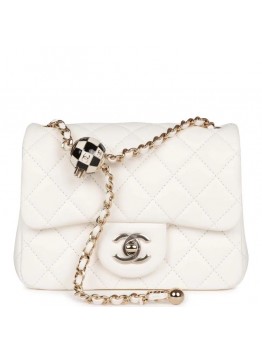 CC Pearl Crush Mini Square Flap Bag White Lambskin Light Gold Hardware