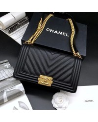 CC 25.5cm Boy Handbag Black Grained Calfskin Gold Tone Metal Caviar leather