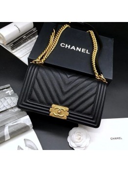 CC 25.5cm Boy Handbag Black Grained Calfskin Gold Tone Metal Caviar leather