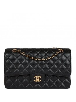 CC Medium Classic Double Flap Bag Black Caviar Gold Hardware