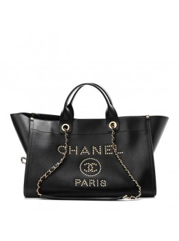 cc Caviar Medium Studded Deauville Tote Black