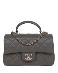 CC Mini Rectangular Flap Bag with Top Handle Dark Grey Lambskin Light Gold Hardware