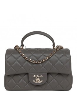 CC Mini Rectangular Flap Bag with Top Handle Dark Grey Lambskin Light Gold Hardware