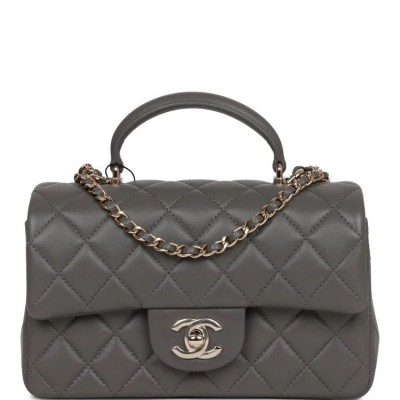 CC Mini Rectangular Flap Bag with Top Handle Dark Grey Lambskin Light Gold Hardware