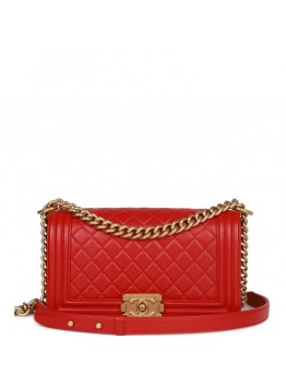 CC Medium Boy Bag Red Lambskin Antique Gold Hardware