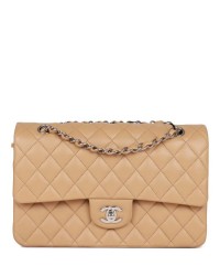 CC Medium Classic Double Flap Bag Beige Lambskin Silver Hardware