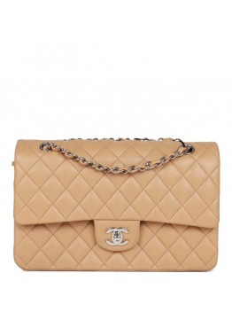 CC Medium Classic Double Flap Bag Beige Lambskin Silver Hardware