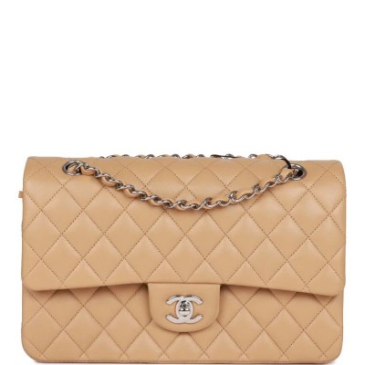 CC Medium Classic Double Flap Bag Beige Lambskin Silver Hardware