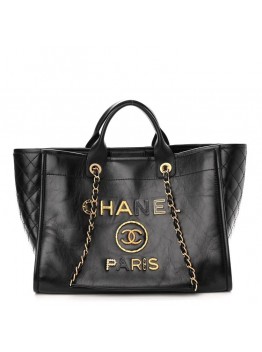 cc Calfskin Charms Medium Deauville Tote Black