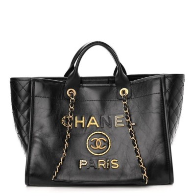 cc Calfskin Charms Medium Deauville Tote Black