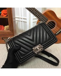CC 25cm Boy Handbag Calfskin Silver Tone Metal Black