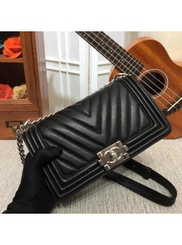 CC 25cm Boy Handbag Calfskin Silver Tone Metal Black