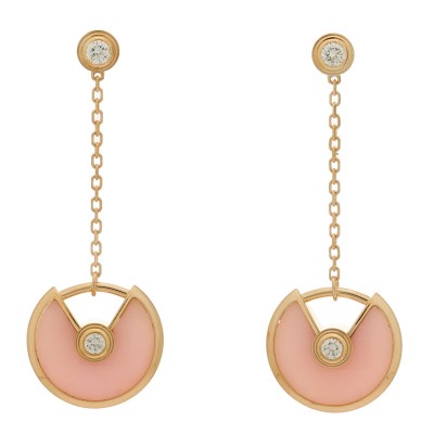18K Pink Gold Diamond Pink Opal Amulette de Cartier Drop Earrings
