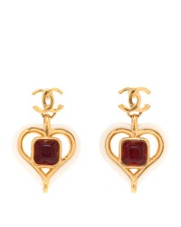 Resin Heart CC Drop Earrings White Red Gold