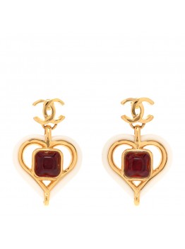 Resin Heart CC Drop Earrings White Red Gold