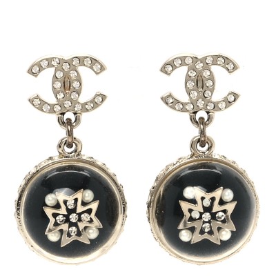 Resin Crystal Pearl CC Ball Drop Earrings Black Gold
