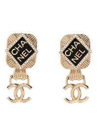 Resin Crystal Quilted CC Drop Earrings Black Gold
