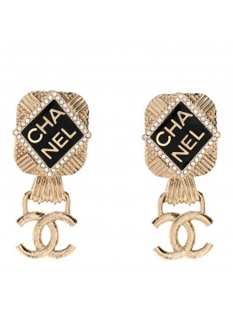 Resin Crystal Quilted CC Drop Earrings Black Gold