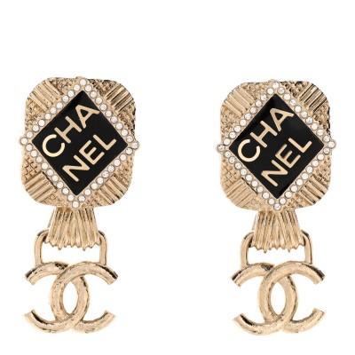 Resin Crystal Quilted CC Drop Earrings Black Gold