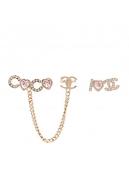 Metal Strass I Love Coco Heart Chain Climber Earrings Gold Pink