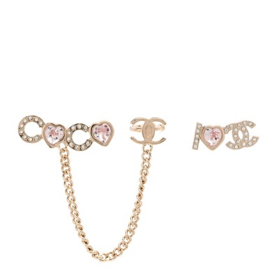 Metal Strass I Love Coco Heart Chain Climber Earrings Gold Pink