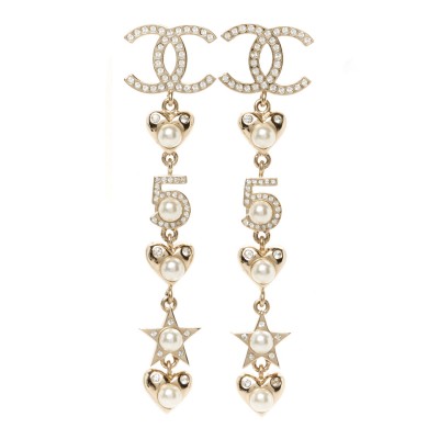 Crystal Pearl Charming Winter CC Star Heart Drop Earrings Gold